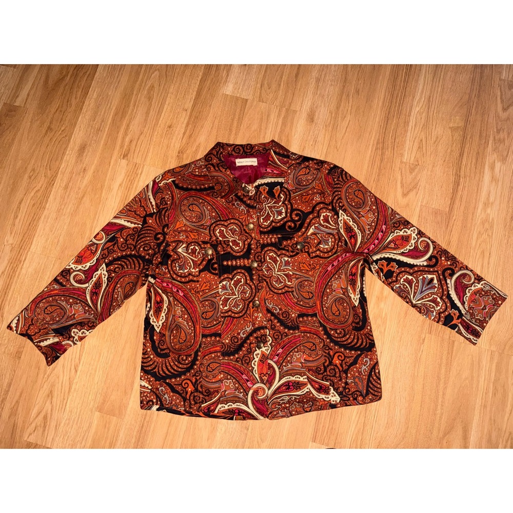 Patrick Christopher Womens Paisley Button Front Jacket Orange Red Boho Vintage L